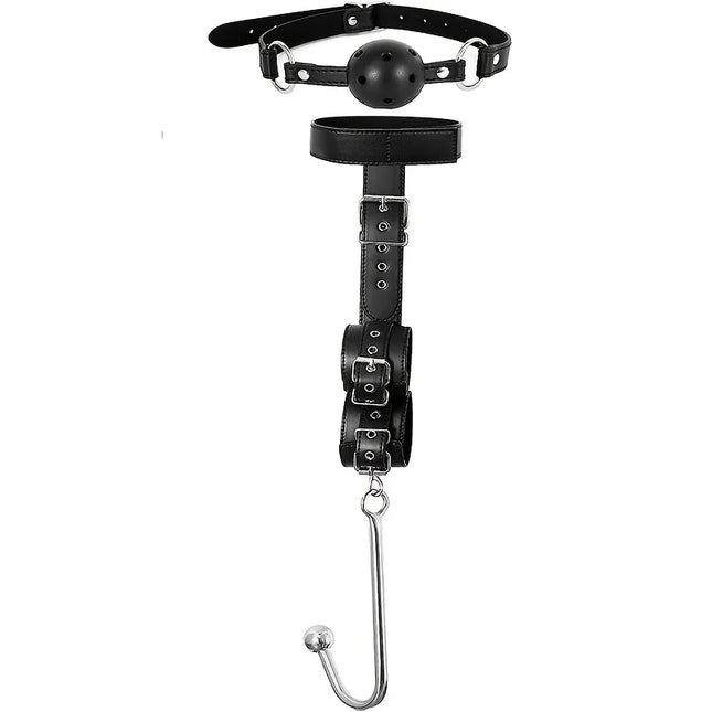 BDSM Bondage Kit Anal Hook, Neck to Wrist Behind Back Handcuffs Collar with Anal Trainer & Ball Gag, Bed Restraints SM Games Too
