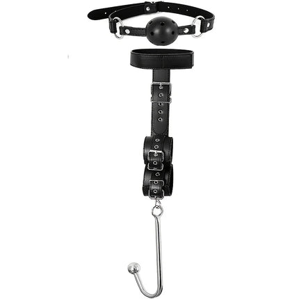 BDSM Bondage Kit Anal Hook, Neck to Wrist Behind Back Handcuffs Collar with Anal Trainer & Ball Gag, Bed Restraints SM Games Too