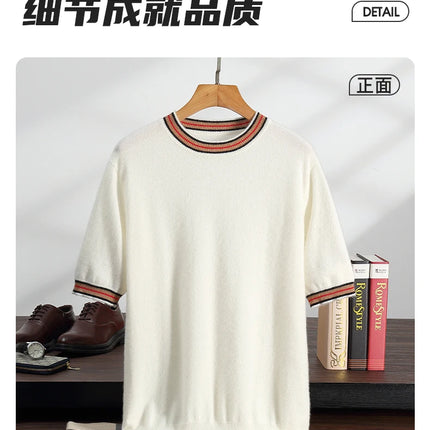 Men's T-shirt 2026 Spring/Summer New 100% Cashmere Round Neck Color Blocking Short Sleeved Knit Pullover Casual Men's Clothing