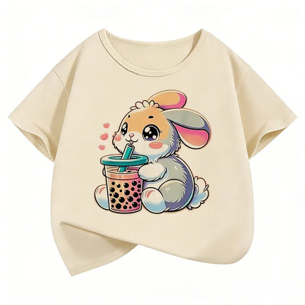Cute Rabbit Graphic Kids T-shirts Summer Short Sleeve Tees Cartoon Animal Boys Girls Clothes Kawaii Tops Y2K Children T-shirt