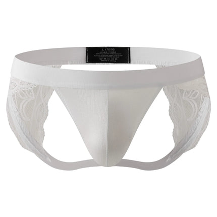Sexy Men Lace Jockstrap Open Butt Panties Breathable Sissy Exotic Underwear G String Thong Low Waist Bulge Pouch Male Lingerie