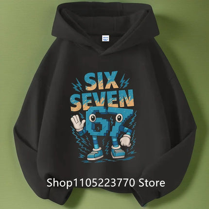 Spring And Autumn Single Casual Fashion Christmas #67 Boys Black Hoodie, Six Seven, Hand Support 67 Cartoon Print Pattern