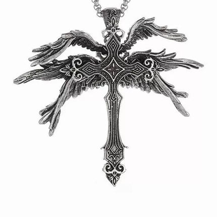 Retro Gothic Jesus Wings Cross Pendant Necklace Jewelry for Men Women Large Vintage Dark Punk Religious Amulet Necklaces Gifts