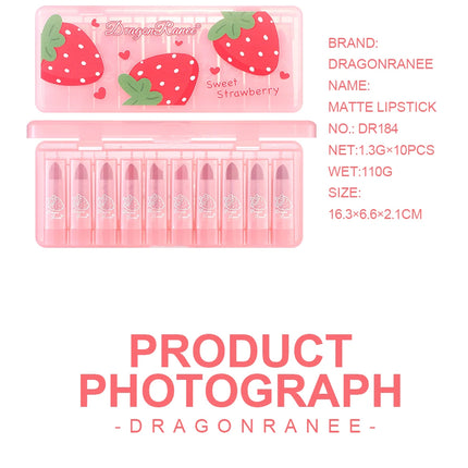 Dragon Ranee Matte Velvet Pink Strawberry Translucent 10 Pieces Lipstick Set Waterproof Sweatproof Non-Stick Lipstick Set