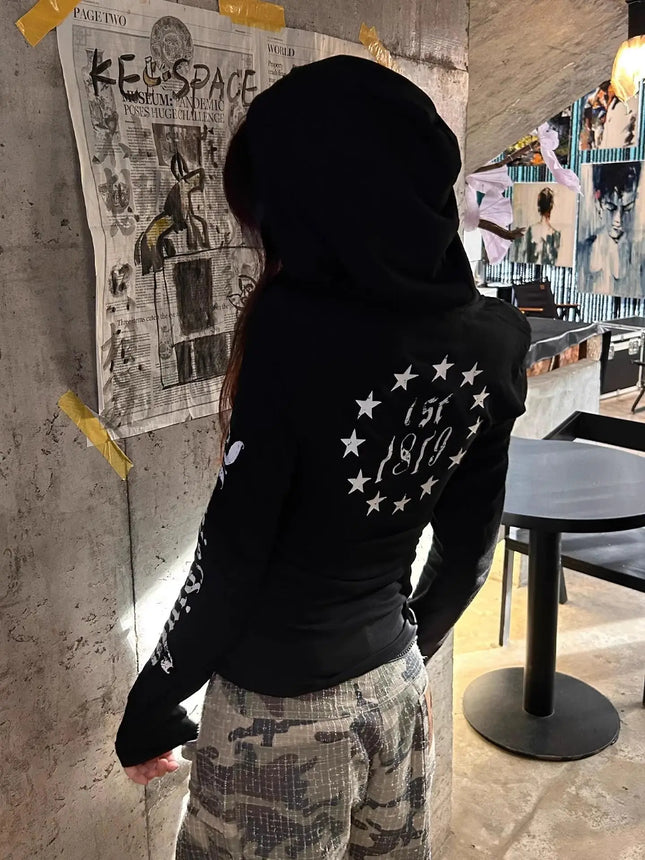 Yedinas Hooded Graphic T Shirts Long Sleeve Gothic Autumn Tops 2000s Clothes Y2k Streetwear Youthful Woman Clothes Print Tees