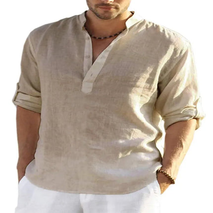 Men's Long Sleeve Cotton Linen Shirt Casual Shirt Oversize Plus Size S-5XL Henley Collar Beach Style Hawaiian Vacation