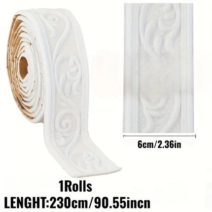 Embossed foam wall molding with self-adhesive backing. Decorative baseboard and wall border for simple indoor aesthetic upgrade