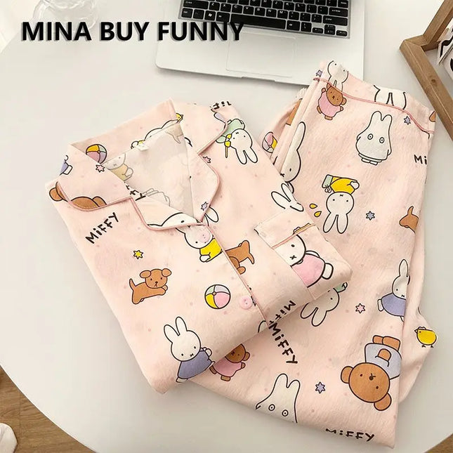 Kawaii Miffy Rabbit Pajamas for Girls Spring and Autumn Cloud Cotton Long-sleeved Pants Set Cute Cartoon Home Wear for Students