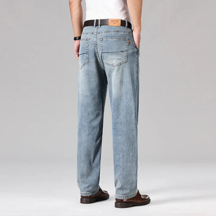 2026 Summer Brand Men's Cotton Lightweight Straight Leg Loose Jeans Classic Pocket Business Casual Mid High Waist Office Pants