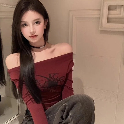 T Shirt Women Long Sleeve Off Shoulder Y2k Vintage Tops Streetwear Korean Style Crop Tops Autumn