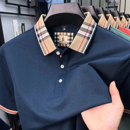 Luxury brand short sleeve polo shirt men's summer silk cotton comfortable breathable plaid lapel top fashion casual golf T-shirt