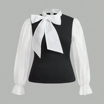 Plus Size Women's Elegant Contrast Bow Tie Long Sleeve A-Line Office Work Shirt Business Pink Black Brown Best for Spring