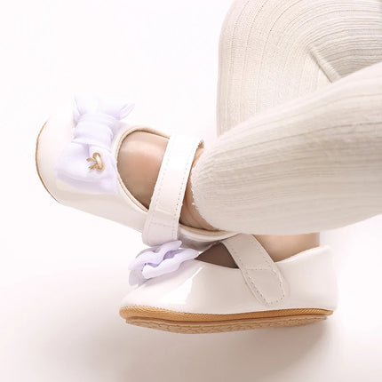 VALEN SINA 0-18 Months Newborn Girl White Baptism Shoes Bow Non-slip Rubber Soft-Sole Flat PU First Walker Mary Janes