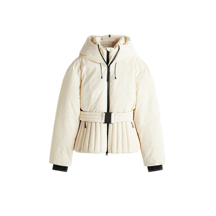 Women Peplum Ski Jackets Hooded Stand Collar Belt Waist Zipper Solid Puffer Jacket Fashion Sheath Warm Sport Winter 2025 Skiwear