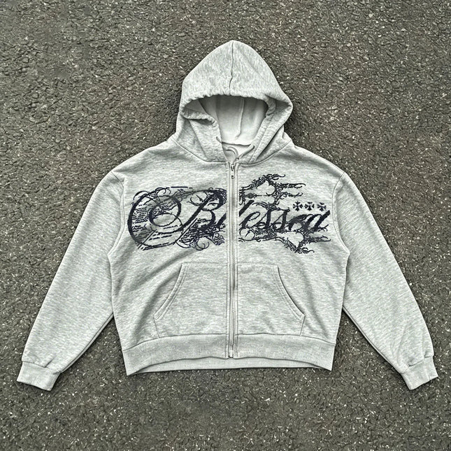 Y2K Harajuku Punk Style Hooded Zipper Hoodie Retro American Alphabet Men and Women with Millennium Style Jacket