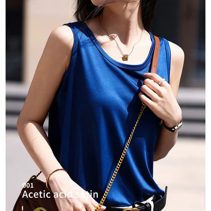 High-End Acetate Fiber Women's Knitted T-shirt with Suspender European Fashion Style Popular Women's Top