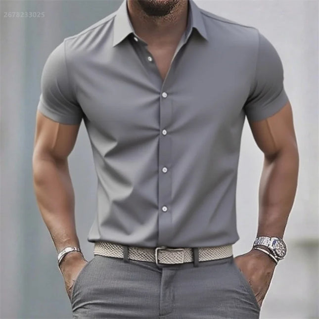 Solid color men's casual shirt, fashionable casual short sleeve stretch fabric, business formal shirt, comfortable fabric
