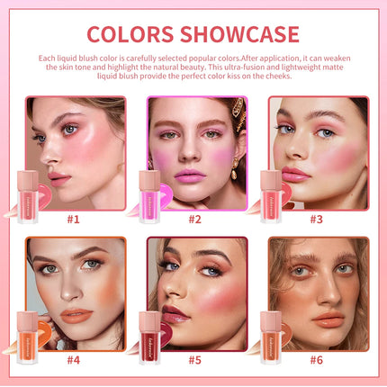 6 Colour Matte Liquid Blush Easy to apply long lasting waterproof blush sponge brush head Eyes lips Makeup Blush Cosmetics