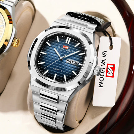 VA VA VOOM Square Luxury Men Wristwatch Waterproof Luminous Date Stainless Steel Male Clock Business Sports Quartz Watch for Men