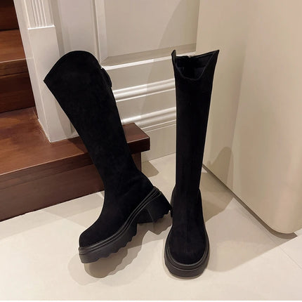 New Vintage Women Stretch Slim High Boots Fashion Back Zippers Shoes Autumn Winter Thick Heel Ladies Knight Long Booties 2025