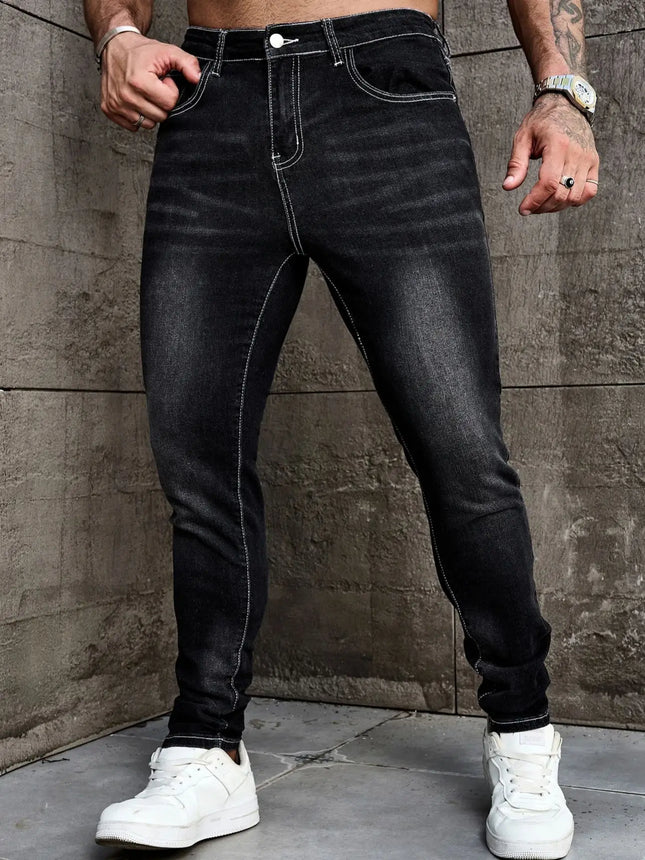 Men Jeans Denim Pants Clothing Trousers Men's Casual Black Washed Slim Fit Stretch Skinny Denim Pants
