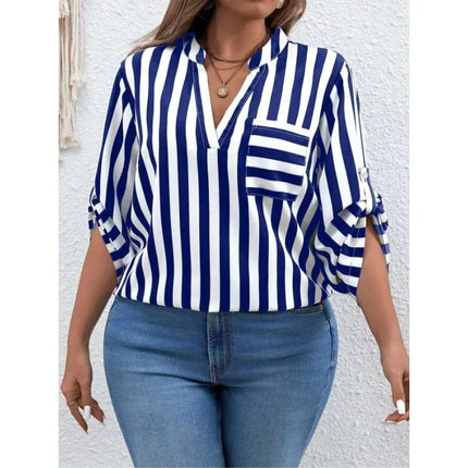 Plus Size 1XL-5XL Women's Fashion Striped Printed Short Sleeve Shirt Ladies Casual  Lapel Shirt Loose And Elegant Button Shirt