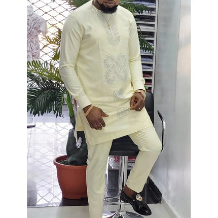 New Dashiki Men's Set Grey Round Neck Long Sleeve Luxury Brand Men's Suit Casual Slim Fit Men's Set Wedding Evening Suit