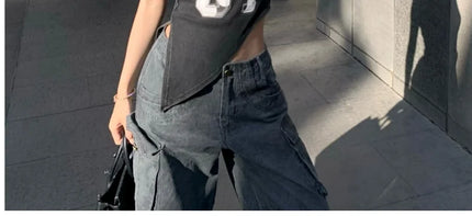 American High Street Hot Girl Slanted Collar Off-Shoulder Irregular Letter Print Camisole Vest Women's Retro Slit Top Y2K 2000s