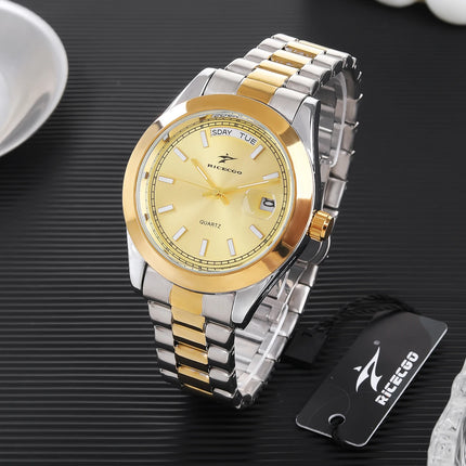 Ricecgo 1Pc Men's Classic Quartz Watch - Business Style, Round Dial, Bar Scale, Dual Calendar Display, Stainless Steel Strap, Quartz Movement, Suitable for Daily Wear, Ideal Gift for Birthdays or Special Occasions