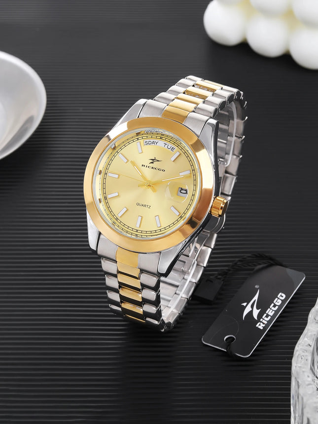 Ricecgo 1Pc Men's Classic Quartz Watch - Business Style, Round Dial, Bar Scale, Dual Calendar Display, Stainless Steel Strap, Quartz Movement, Suitable for Daily Wear, Ideal Gift for Birthdays or Special Occasions