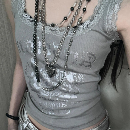American Lace Trim Splice Letter Print Tank Top Women Summer Slimming Svel Trendy Base Layer Clothing ort Sle