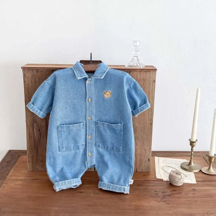 Korean Style Spring Autumn Baby Boy and Girl Romper Newborn Denim Open Button Single Breasted Lapel Casual Jumpsuit H90100