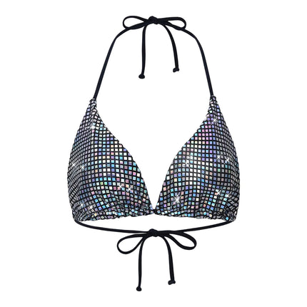 Women Sissy Metallic Shiny Bikini Top Triangle Cup Backless No-wire No-Pad Lace-up Bra Top Beachwear Swimsuit Underwear Brassier