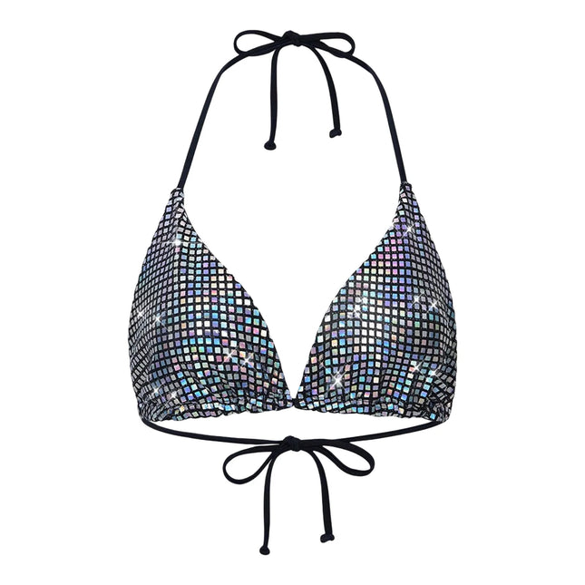 Women's Sissy Metallic Shiny Bikini Top Triangle Cup Backless Wire-free Unpadded Lace-up Bra Top Beachwear Swimsuit Underwear Brassiere