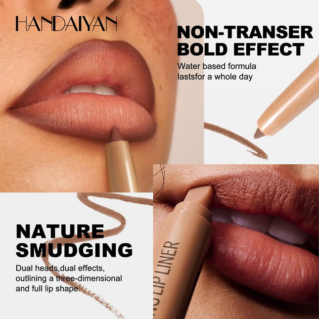HANDAIYAN Double-Head Waterproof Lip Liner Pen Coffee Brown Outlines Lip Shape Full Lip Contour with Silicone Brush