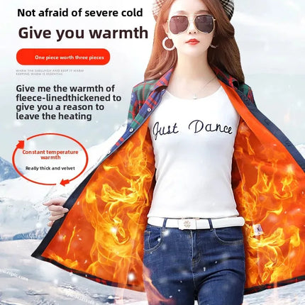 Thickened Fleece Women's Long Sleeve Shirt Warm Slim Fit Midi Length Plaid Korean Style Fashionable Women's Button-up Top
