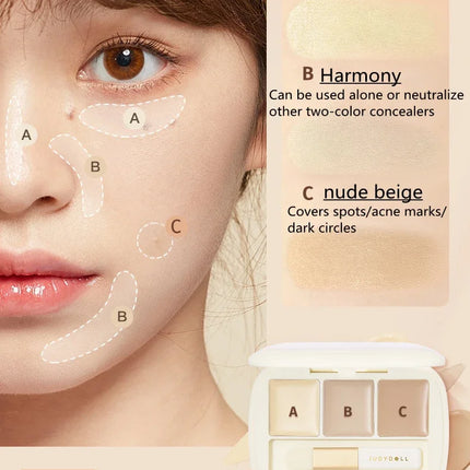 Judydoll Moisturizing Three-Color Concealer Palette High Coverage Long-Lasting Natural Waterproof Sweatproof Makeup Cosmetics