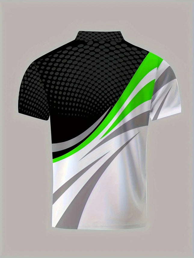 Geometric Pattern Digital Printed Men's Multi-color Unique Short-sleeved Polo Shirt for Summer Outdoor, Golf, Bowling, Tennis