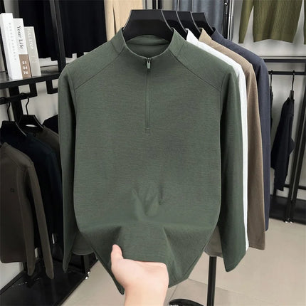 Luxury Brand Men's Long-Sleeved T-Shirt Mock Neck Half-Zip Letter Embroidery Personality Retro Spring Tops Trend Hot Men's Clothing