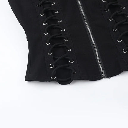 Goth Dark Punk Sleeveless Corn Bandage Tanks Top Women Chic Streetwear Slim Zip Vest Mall Gothic Techwear Summer Fashion T-shirt