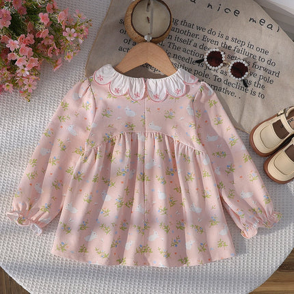 Girls Pink Floral Long Sleeve Blouse Ruffle Neckline Toddler 2-6 Years Kids Autumn Cute Clothing