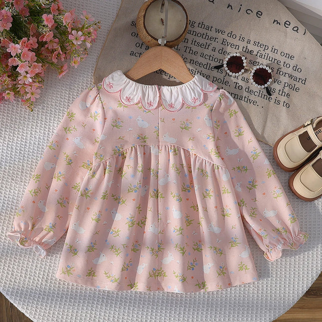 Girls Pink Floral Long Sleeve Blouse Ruffle Neckline Toddler 2-6 Years Kids Autumn Cute Clothing