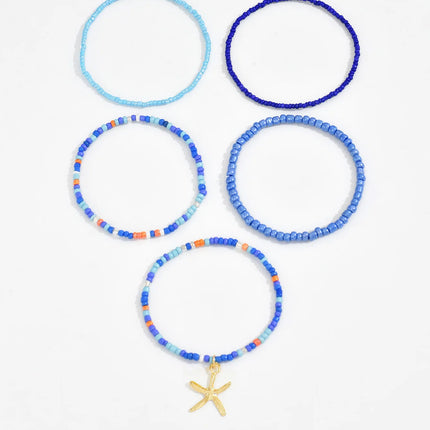 Multilayer Bohemia Rice Bead Anklet Set for Women Fashion Starfish Pendant Anklets Summer Sandy Beach Ankle Chain on Leg Jewelry