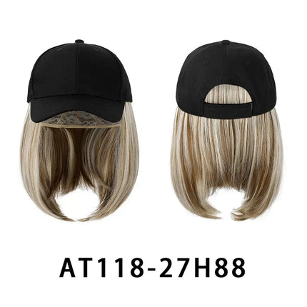 Baseball Cap With Wigs 12 Inch Short Straight Bob  Adjustable Hat Wgs Glueless synthetic Wig Cap With Extensions