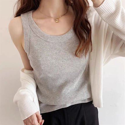 Summer 2026 Slim Fit Elastic Ribbed Cotton Knitted Vest Women's Base Layer Tank Top Anti-Light Inner Wear Straight Cut Regula...