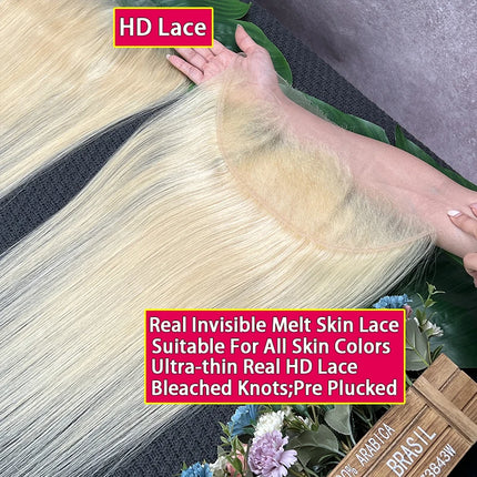 #613 Blonde Color Straight Hair 13x4 13x6 HD Lace Frontal Pre Plucked Melt Skins Invisible HD Lace 100% Raw Virgin Human Hair