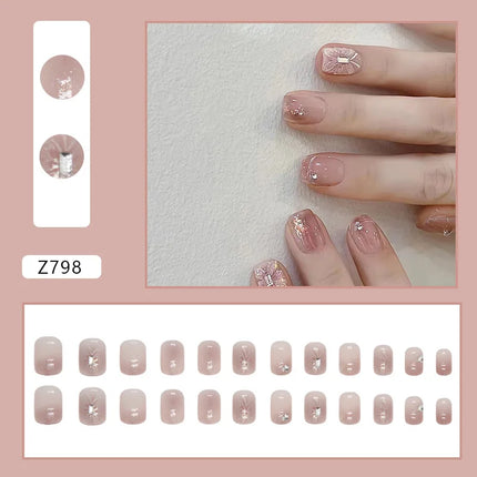 White Camellia 24 Pcs Press on Nails Pink Nail polish Glossy Artificial Finger Manicure Reusable False Nails