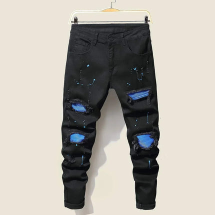 Men's Jeans Cool Ripped Skinny Trousers Stretch Slim Denim Pants Patchwork Hip Hop Black Blue Casual Jogging Jeans for Men
