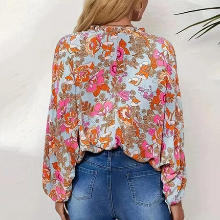 Plus Size Women's Shirt, Flower Print V-Neck Long Sleeves, Ruffled Collar Basic Style, Casual Vacation Lightweight Top