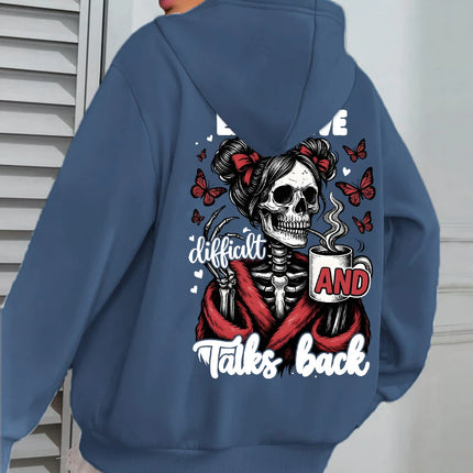 Expensive Talks Back Coffee Butterfly Skulls Print Women Hoody Autumn Hoodies Casual Loose Pullover Jogging Pocket Sportswear